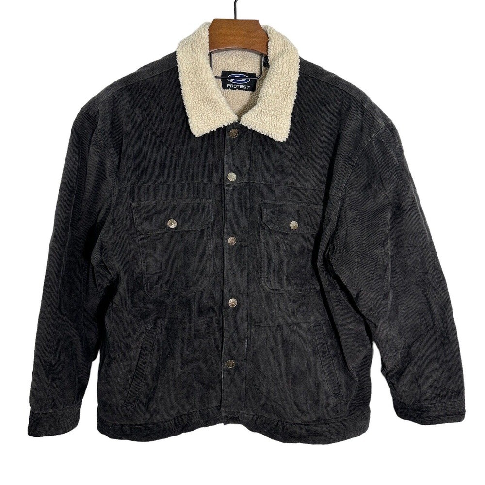 PROTEST‎ Vintage Black Corduroy Sherpa Jacket Skate Rave Grunge XL